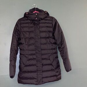 Lands End- Women's Black Puffer Jacket copper accents removable hood two way zip